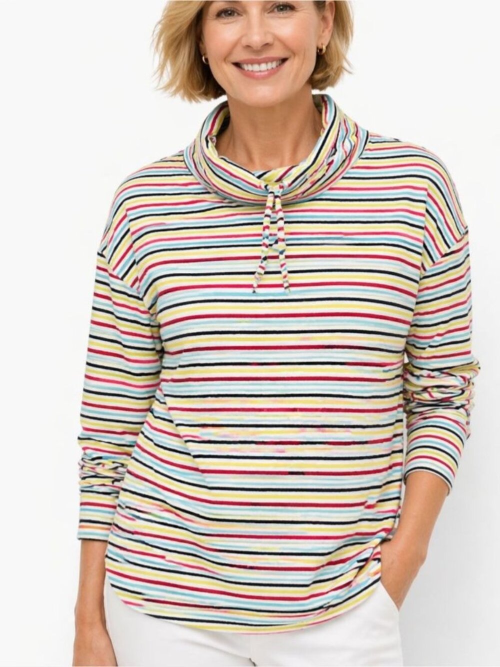 Talbots Womens Multicolor Stripe Pullover Sweater Mock Neck Drawstring Size 1X